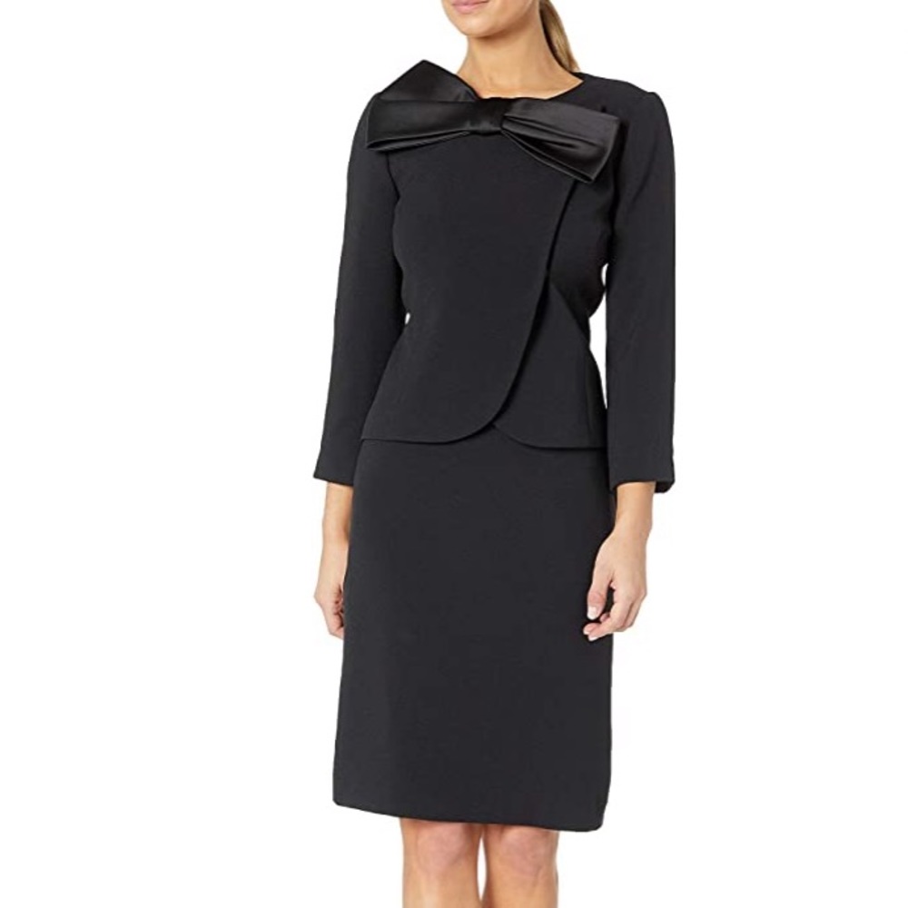 Tahari Pebble Crepe Skirt Suit with Bow Detail
